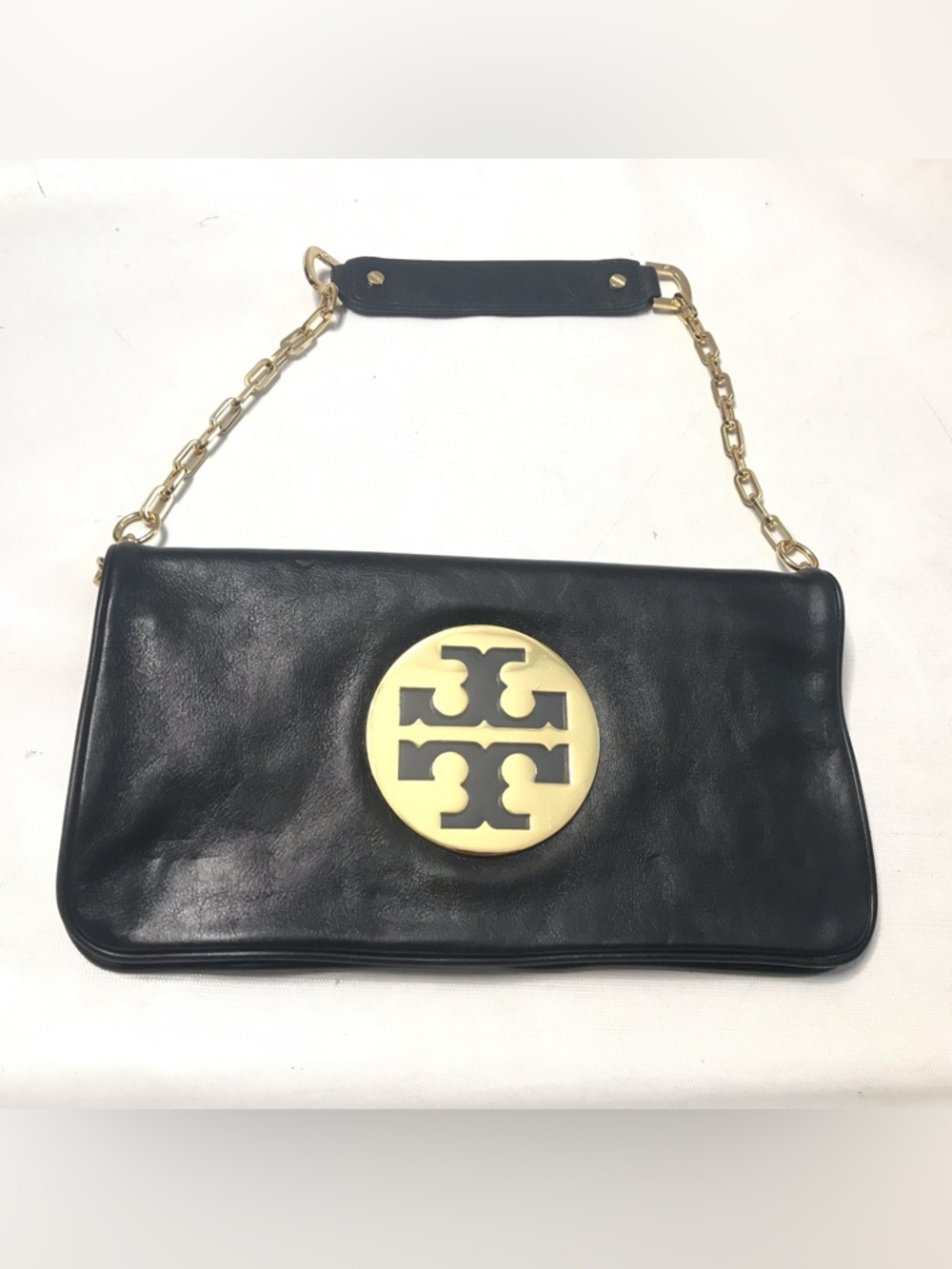 Tory Burch Black Reva Leather Shoulder Clutch with Gold Logo Medallion